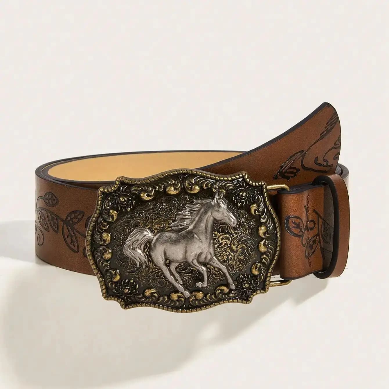 Ceinture en PU à motif de pivoine, boucle tête de cheval neutre, à la mode