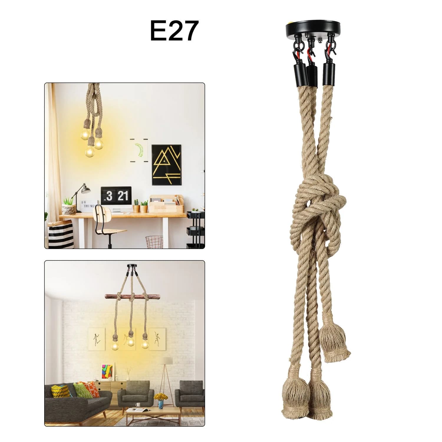 1m 3 tête LED lustre industriel rétro chanvre corde plafonnier décor à la maison pendentif lumières 