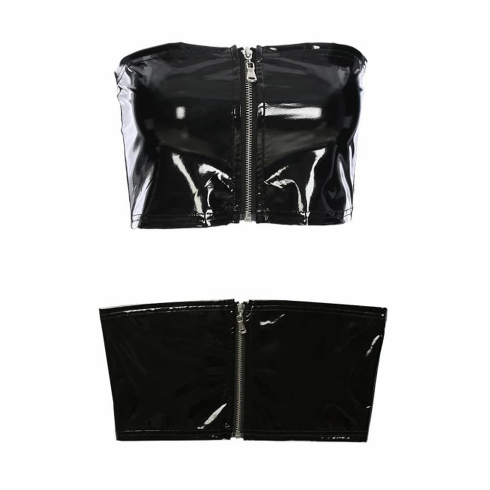 Débardeur court sexy en similicuir PU noir brillant avec fermeture éclair, style bandeau, bustier, b