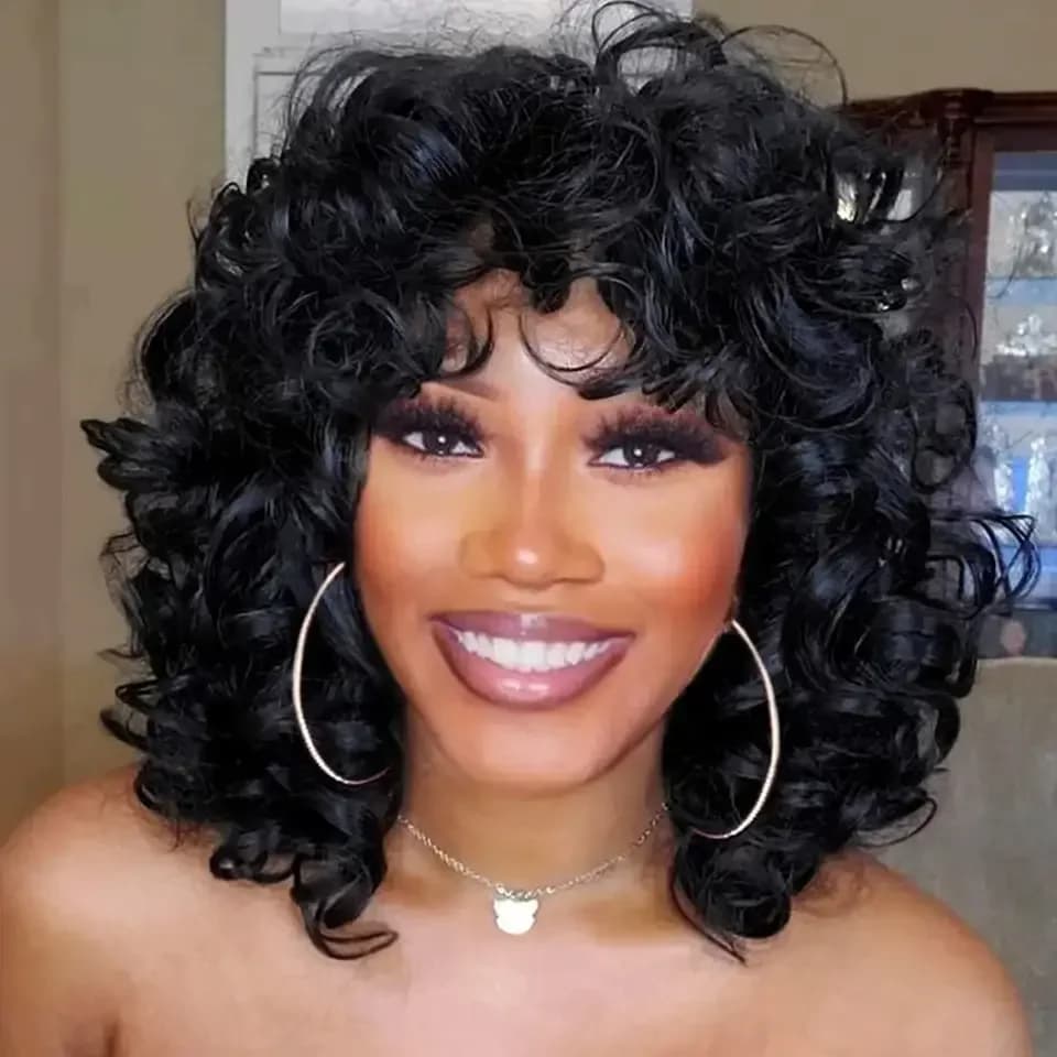 Tereshar perruque synthétique courte Afro bouclée avec frange grande perruque bouclée crépue courte 