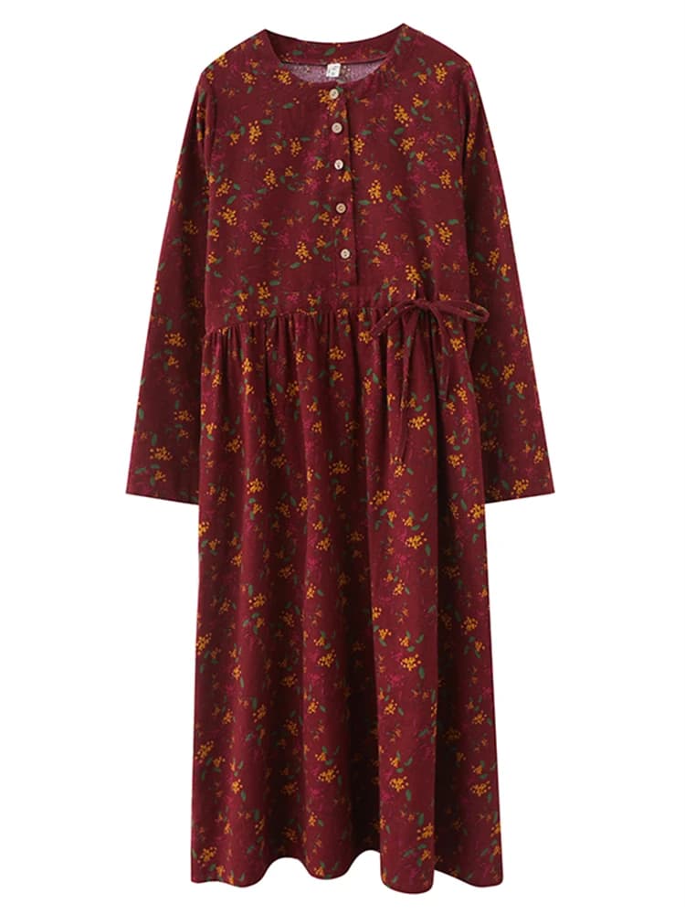 Robes à manches longues en coton et lin à imprimé floral vintage pour femmes, nouvelle collection pr