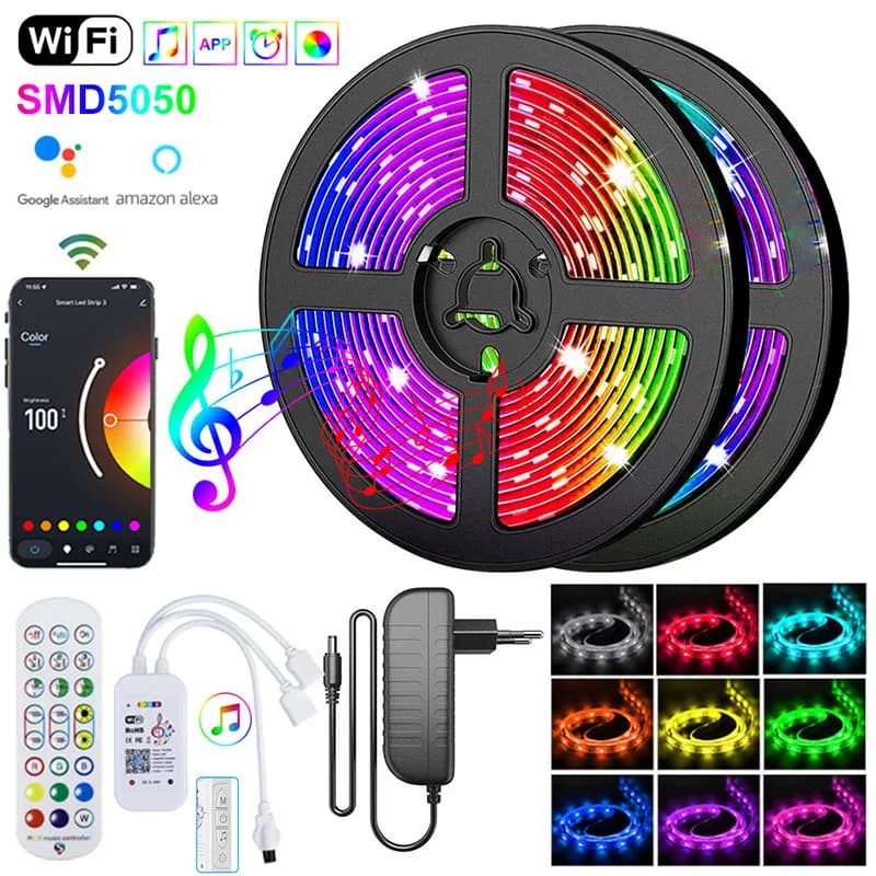 Bande LED colorée 5050, 12V, non étanche, avec contrôle Bluetooth Wi-Fi, bande lumineuse LED intelli
