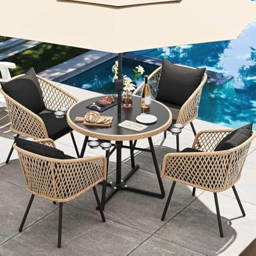 Ensemble de salle à manger d'extérieur 5 pièces avec coussins rembourrés, table et chaises de patio 