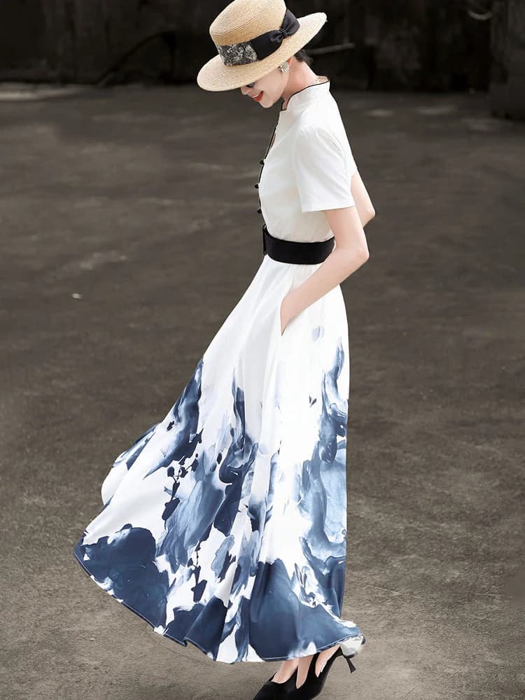 MEXCOCO 2026 Nouvelle collection été – Robe évasée élégante à manches courtes imprimé peinture à l'e