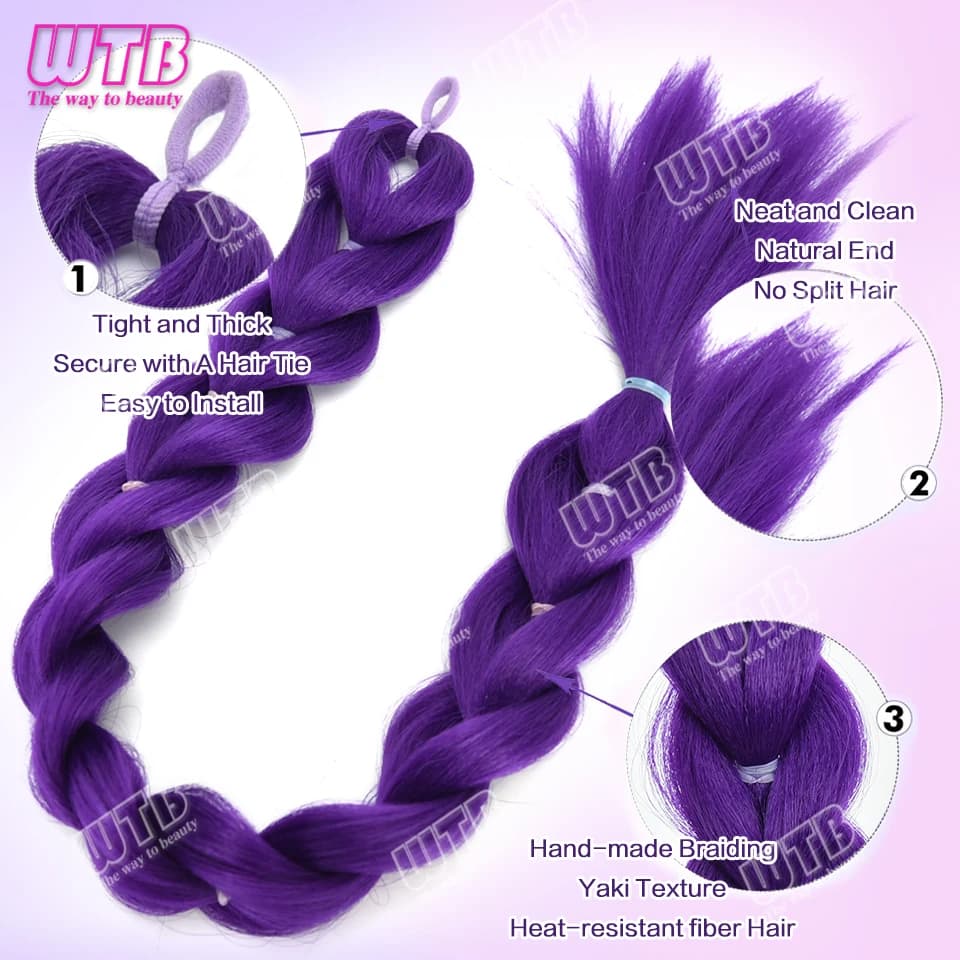 26 pouces violet tresses queue de cheval élastique pré tressage cheveux synthétiques violet Extensio