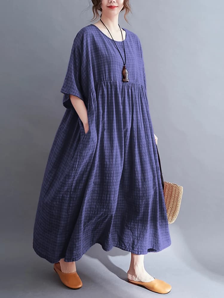 Robe longue décontractée noire en coton vintage à manches courtes et couleur unie pour femme – Colle