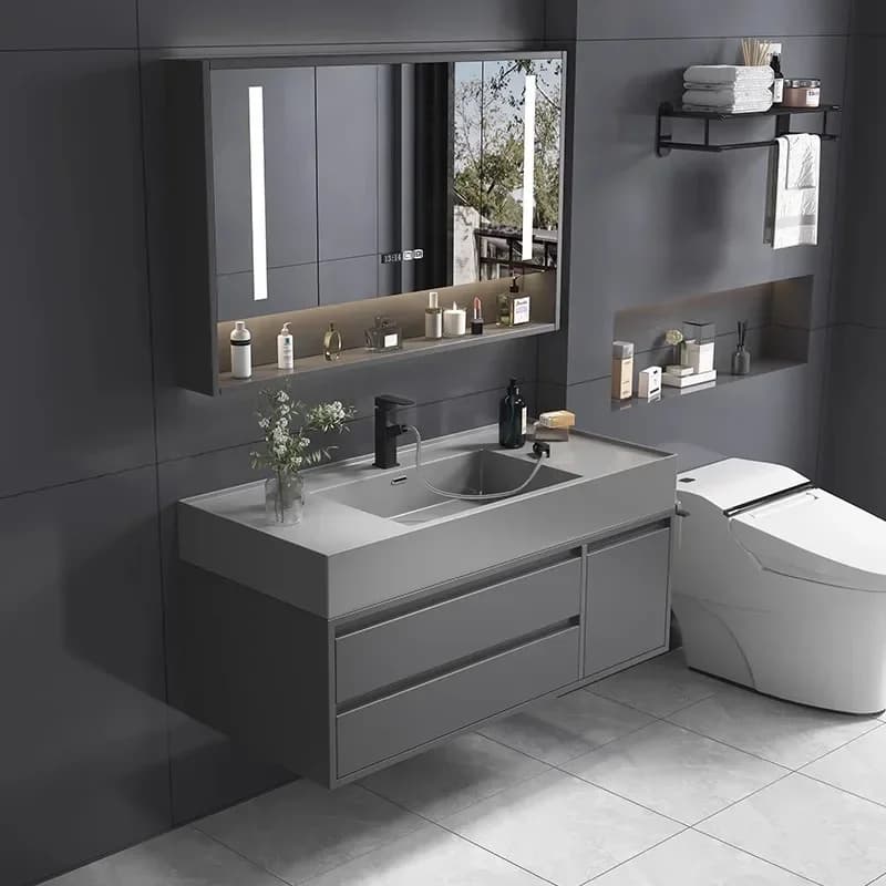 Armoire de salle de bain légère et luxueuse en bois massif, lavabo pour mains intégrées, miroir Inte