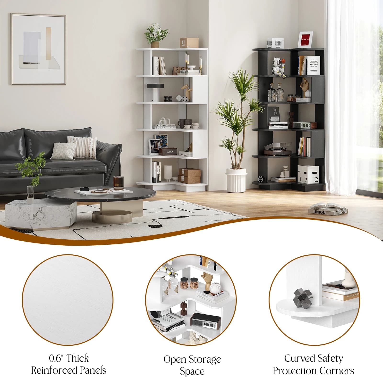 Bibliothèque d'angle Farini – Blanc, étagère de rangement peu encombrante pour le salon et le bureau