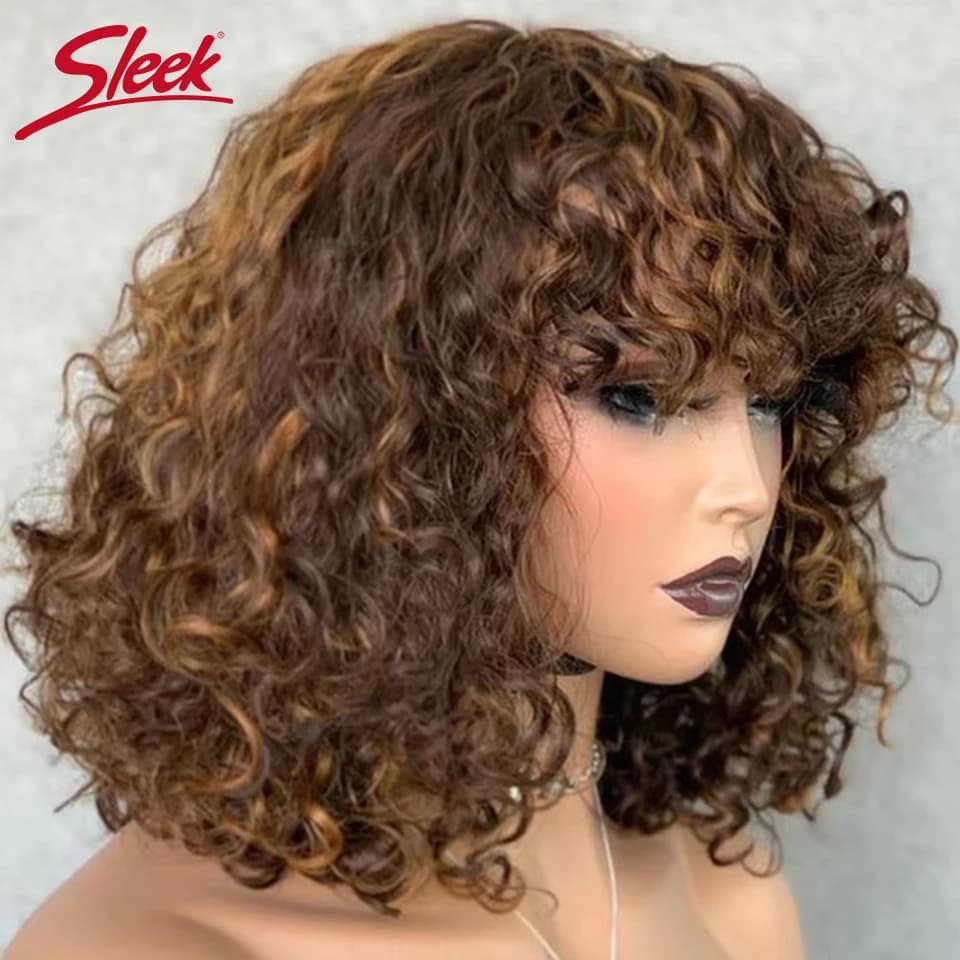 Jerry bouclés court Pixie Bob coupe perruques de cheveux humains avec frange sans colle perruque met