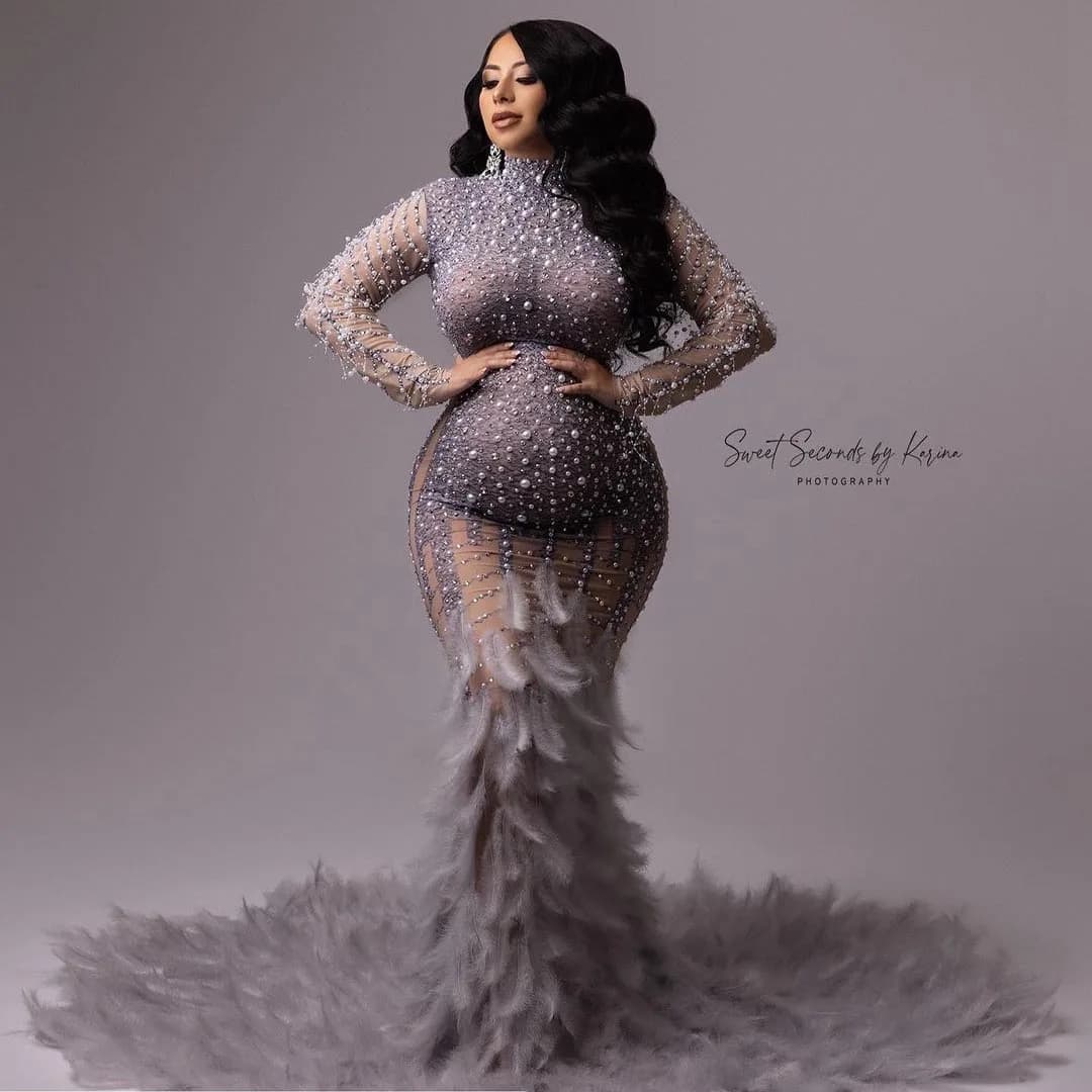 Robe de Sirène Perlée et Pailletée pour Femme Enceinte, Tenue Longue Sexy en Clip et Diamant avec Pl