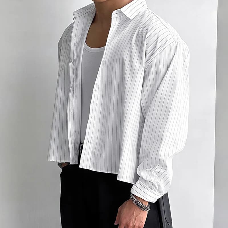 Nouveau britannique rétro hommes chemises rayées à la mode revers ample à manches longues Cardigan h