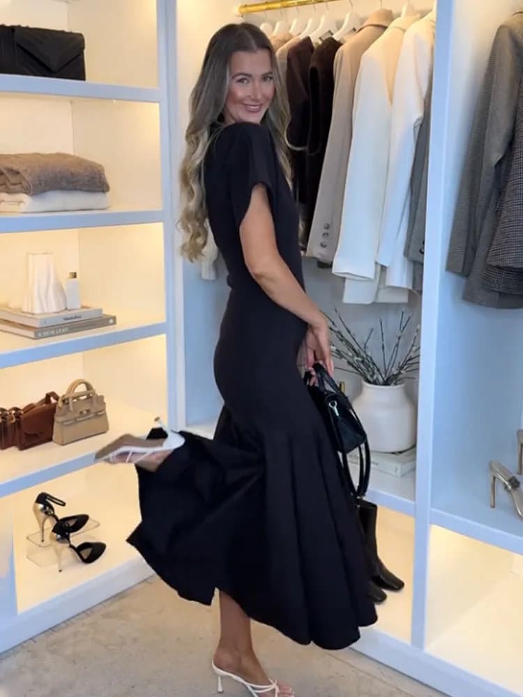 HH 2026 Robe midi plissée unie pour femme, mode été, avec fermeture éclair latérale, manches courtes