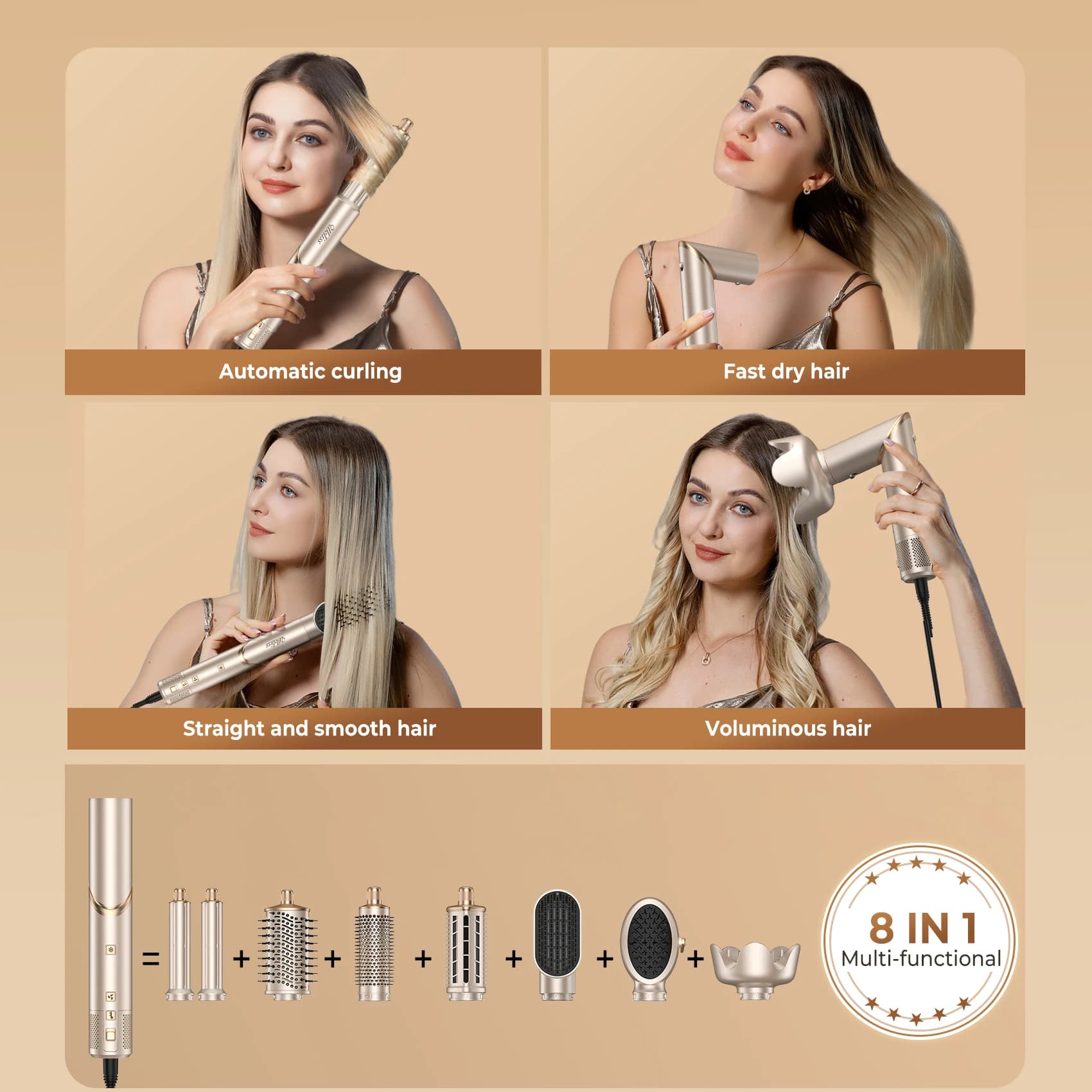 Brosse sèche-cheveux 8 en 1, sèche-cheveux sans balais à grande vitesse, ionique négatif, brosse cha