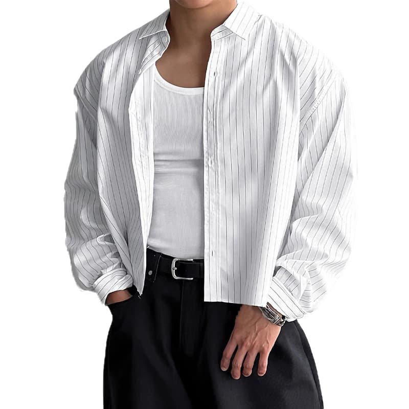 Nouveau britannique rétro hommes chemises rayées à la mode revers ample à manches longues Cardigan h