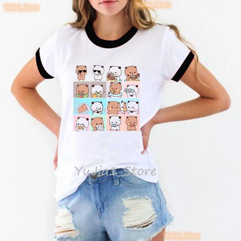 Kawaii Panda Bubu Dudu dessin animé imprimé T-Shirt filles Rose Bow Rose amour T-Shirt femmes Haraju