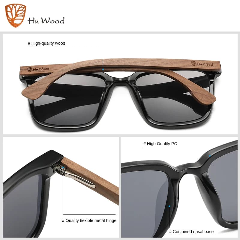 Hu bois carré hommes femmes lunettes de soleil polarisées lunettes de soleil lentilles bleues jambes