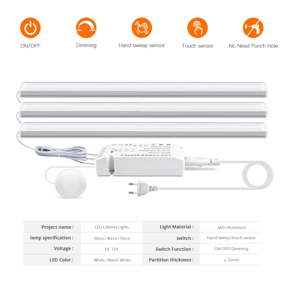 Bande lumineuse LED avec détecteur de mouvement, sans fil, pénétrable, bois, aluminium, interrupteur