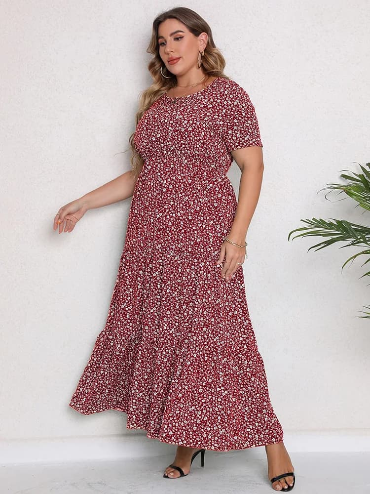 GIBSIE-Robe longue à volants pour femmes, grande taille, col rond, ourlet à fleurs, manches courtes,
