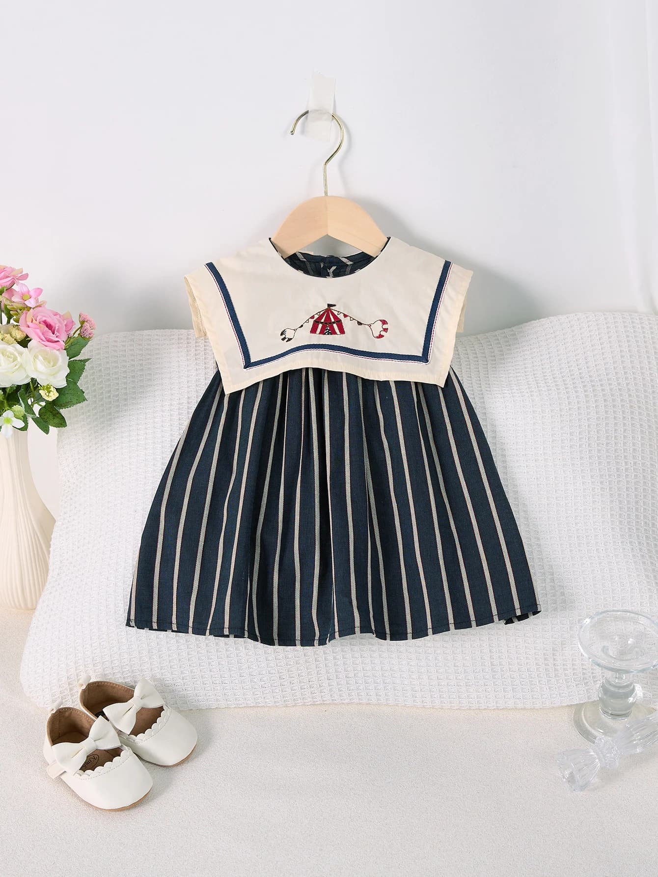 Robe d'été décontractée pour filles, jupe rayée à grand revers, sans manches, brodée
