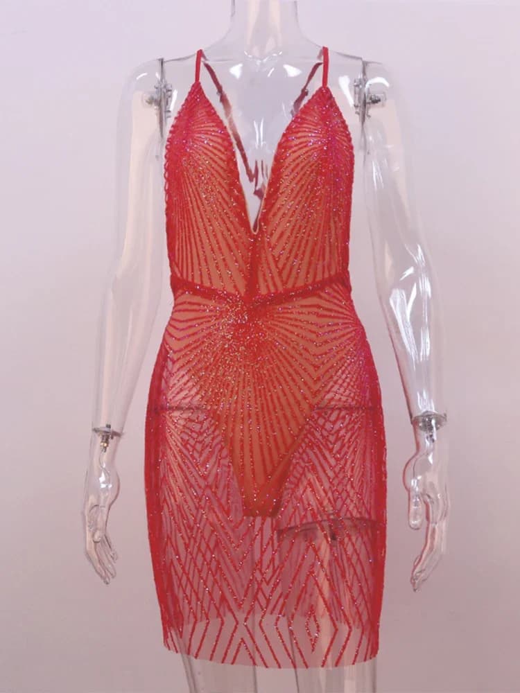 OMSJ – Mini robe Sexy à paillettes scintillantes, dos nu, épaules dénudées, transparente, bretelles 