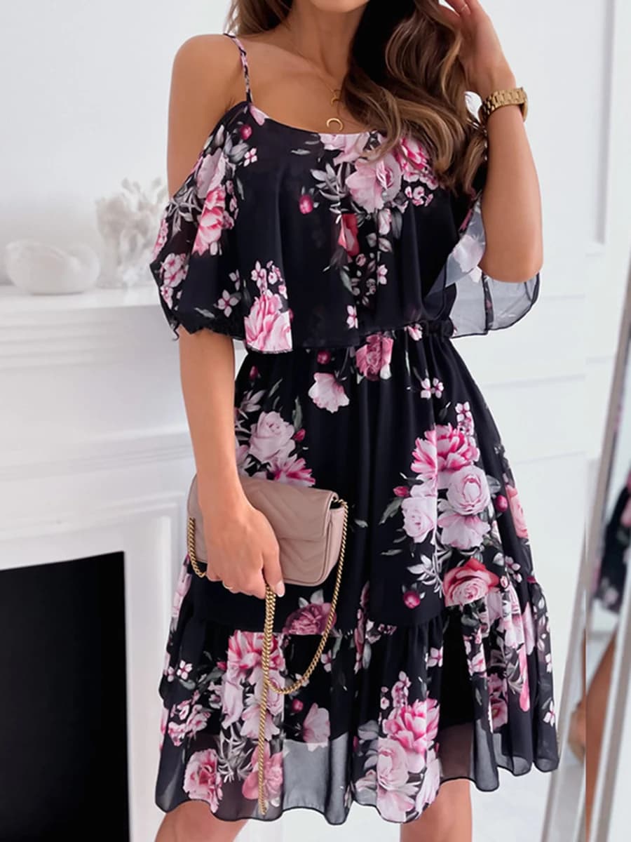 Robe en mousseline de soie à imprimé floral pour femmes, robe d'été sexy à bretelles, robe d'été élé