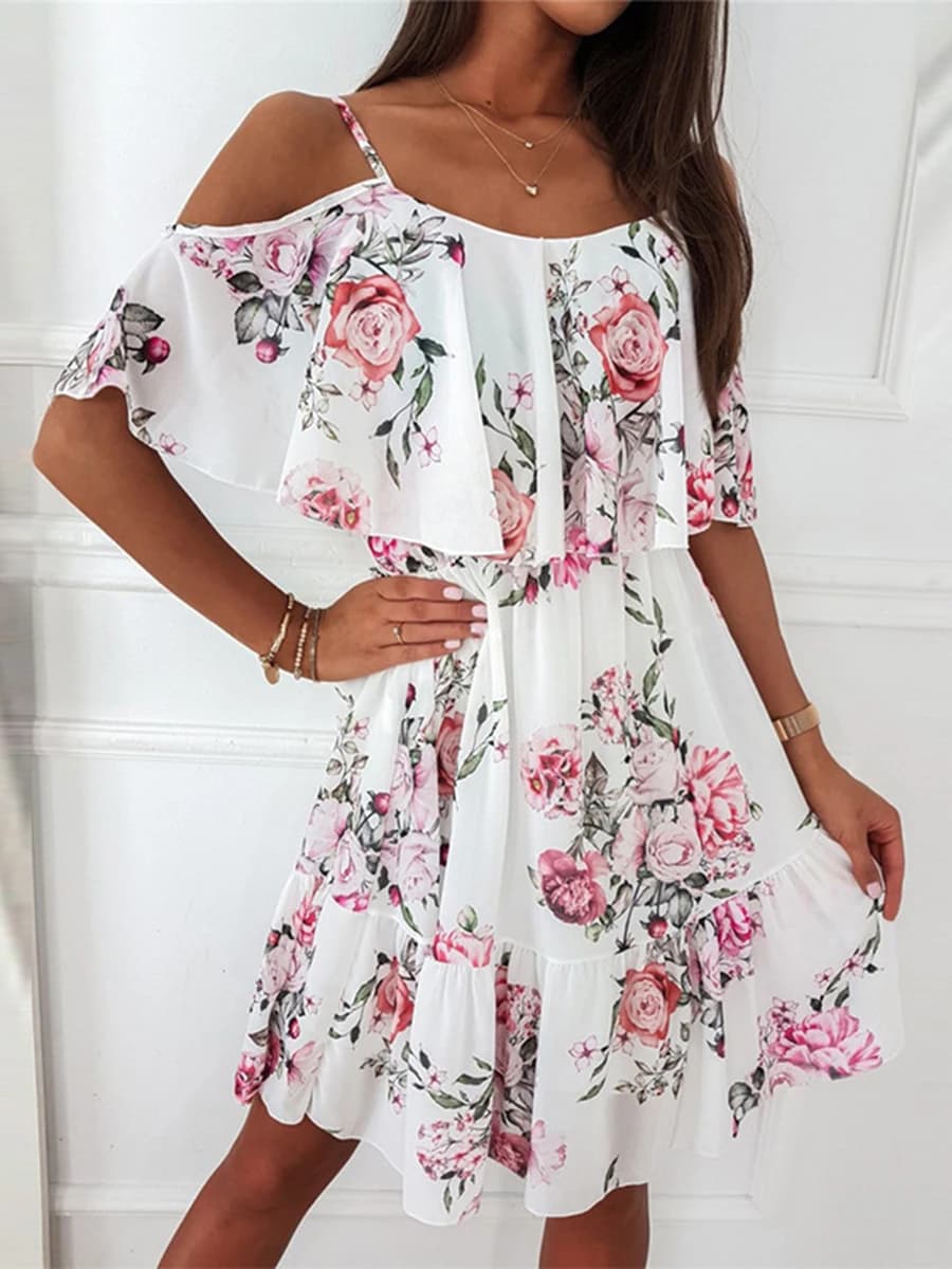 Robe en mousseline de soie à imprimé floral pour femmes, robe d'été sexy à bretelles, robe d'été élé