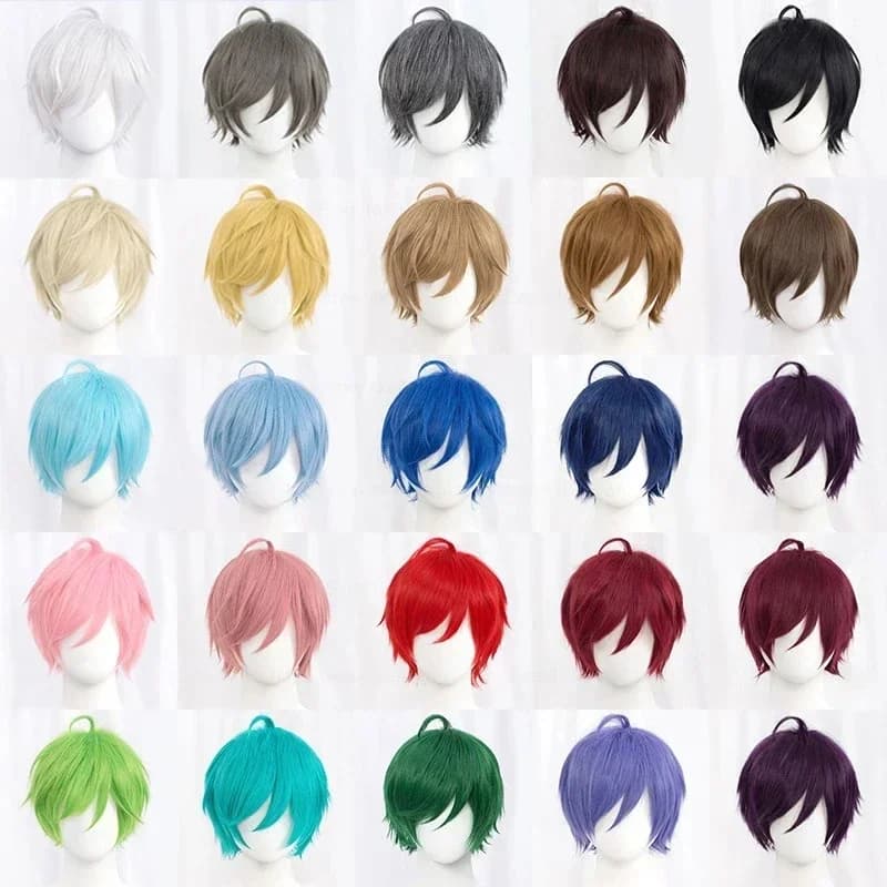 Perruque de Cosplay synthétique courte et lisse, blanc, vert, violet, marron, noir, bleu, gris, Oran