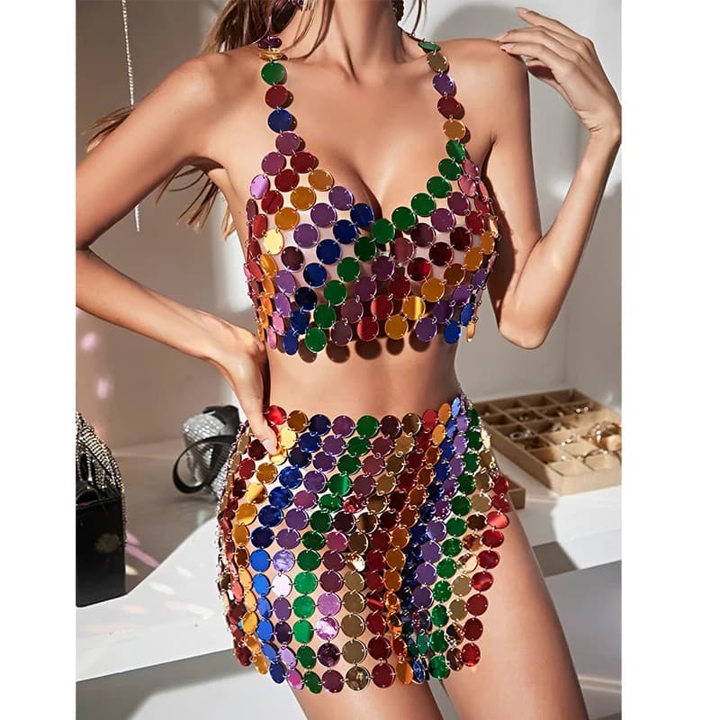 Chainmail Rainbow Crop Top Set pour femme, Sexy, Body, JOMini, Jupe, Disque, Coloré, Paillettes, Dis