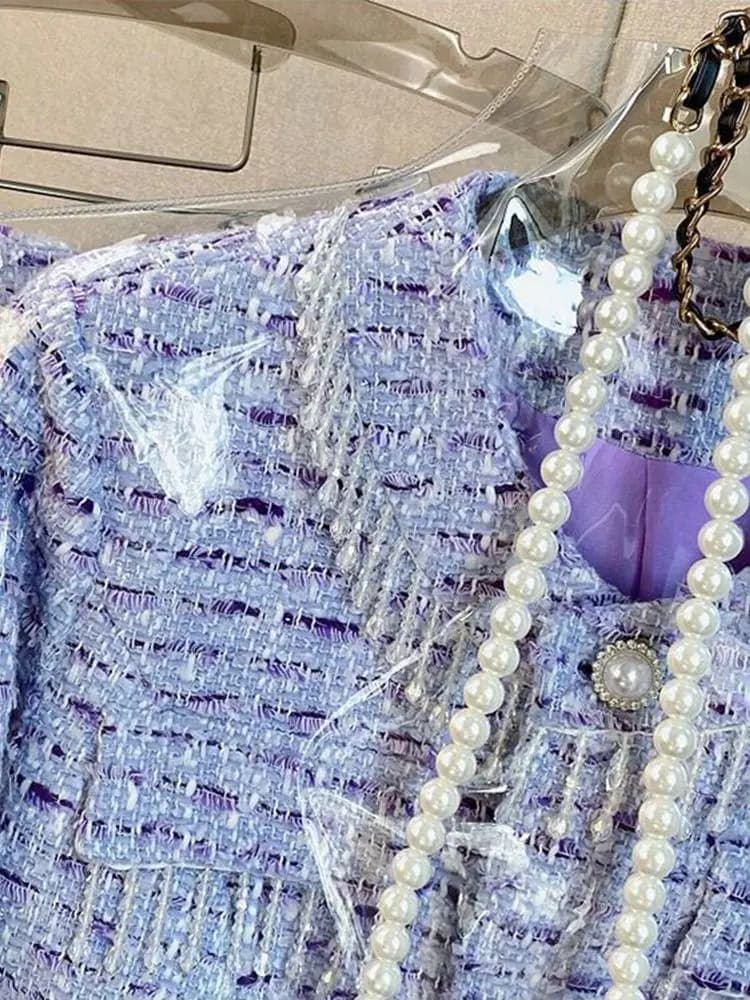 Violets élégants en tweed pour femmes, veste à pompon perlé en plumes à simple boutonnage, short tai