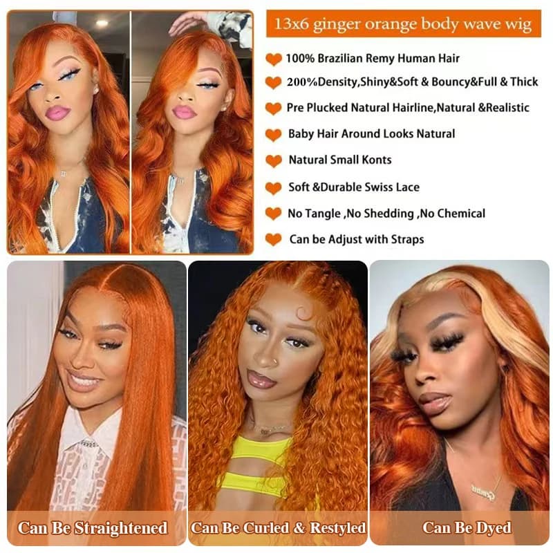 Perruque Lace Front Wig Body Wave Orange gingembre 13x6, cheveux humains transparents pour femmes # 