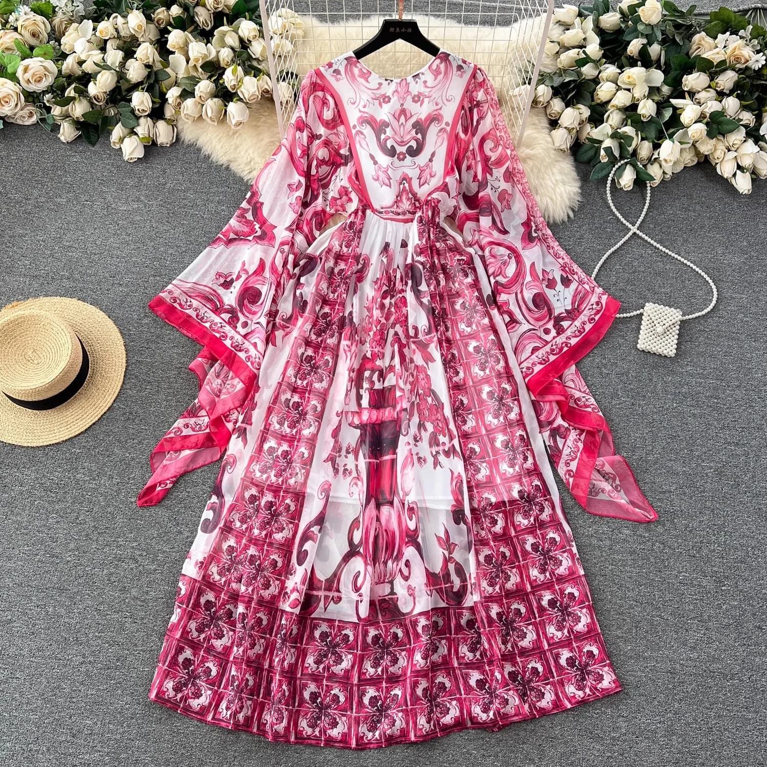 Robe Maxi à manches chauve-souris pour femmes, imprimé porcelaine bleue et blanche, style bohème, va
