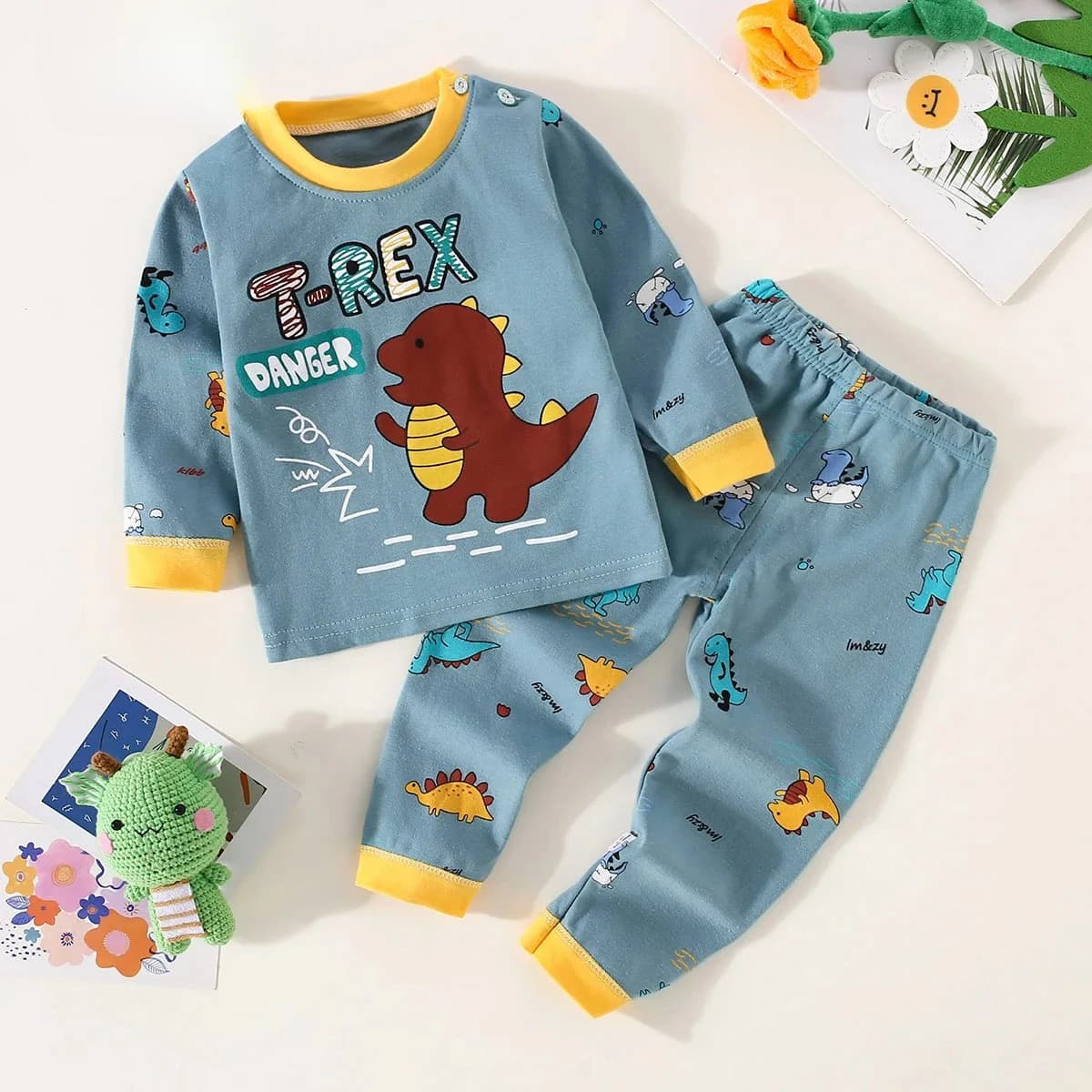 Ensemble de sous-vêtements pour garçons en coton avec lettrage et motif d'ours, haut à manches longu