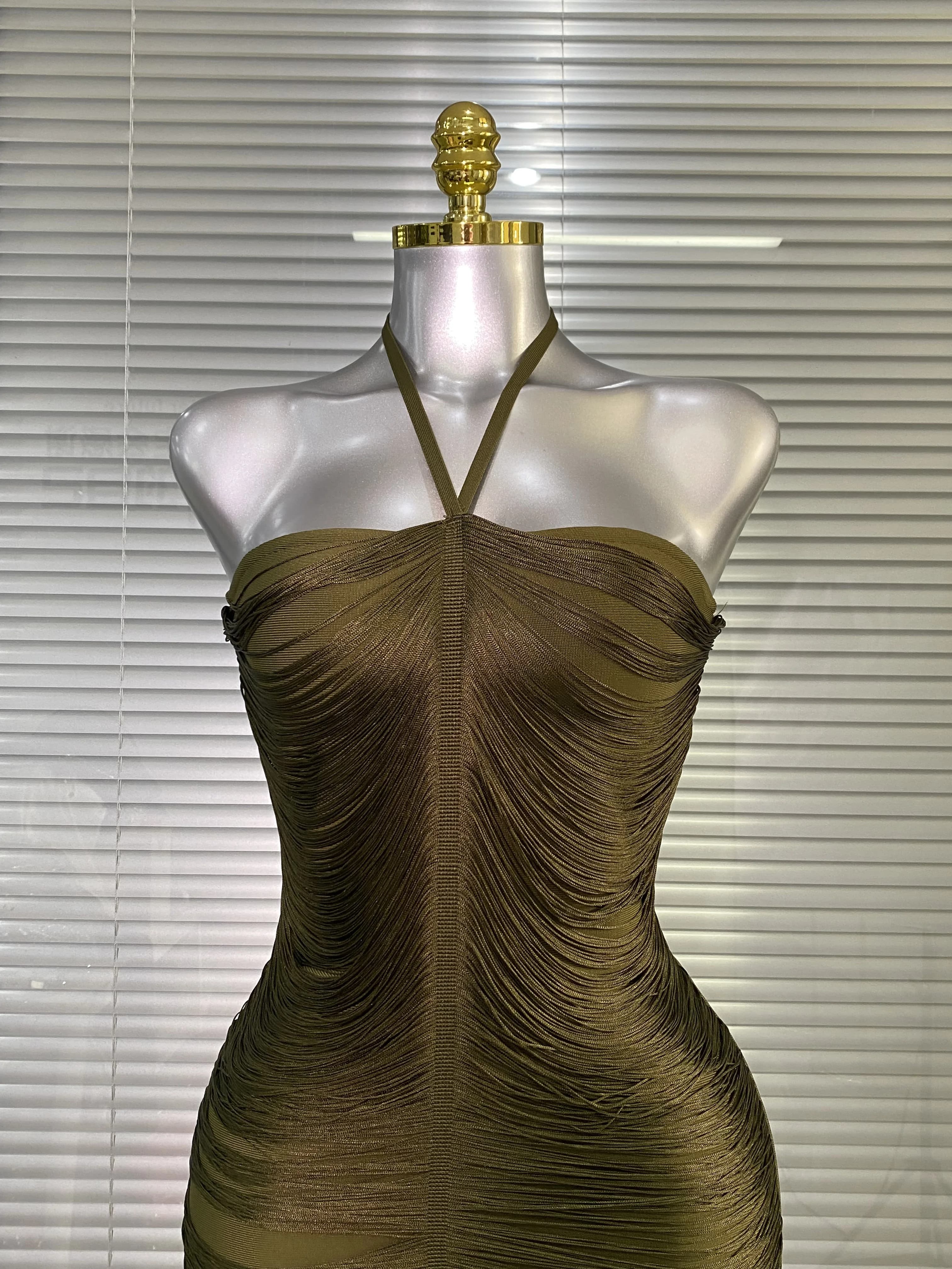 Été nouveau 2025 femmes Sexy célébrité licou armée vert tricot robe de pansement dames longue soirée