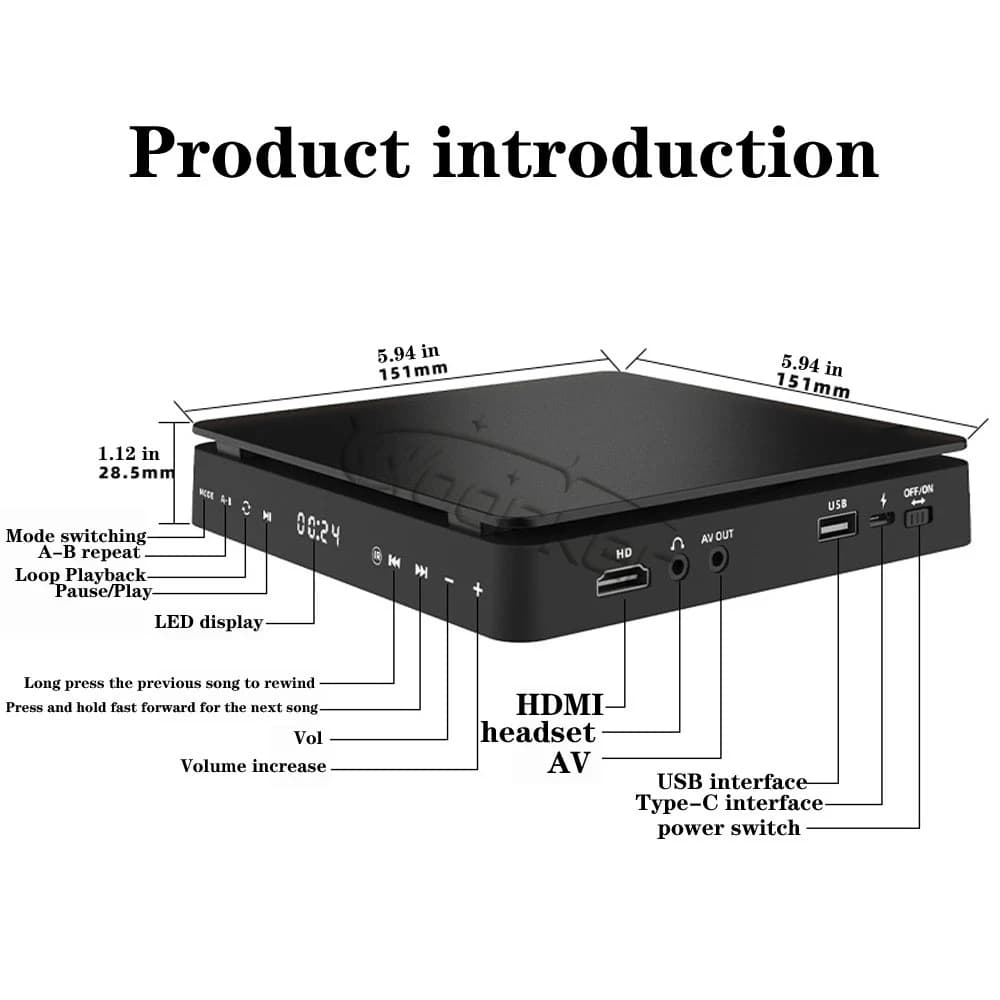 Lecteur DVD Woopker, lecteur HD, connexion HDMI AV avec entrée USB, sortie casque, écran tactile LED