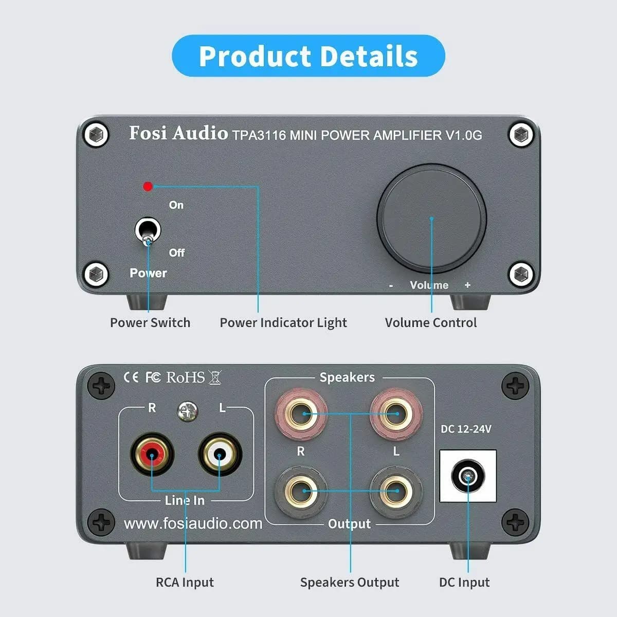 Fosi Audio 2 canaux TPA3116D2 amplificateur Audio stéréo classe D 50W X 2 - V1.0 amplificateur de pu