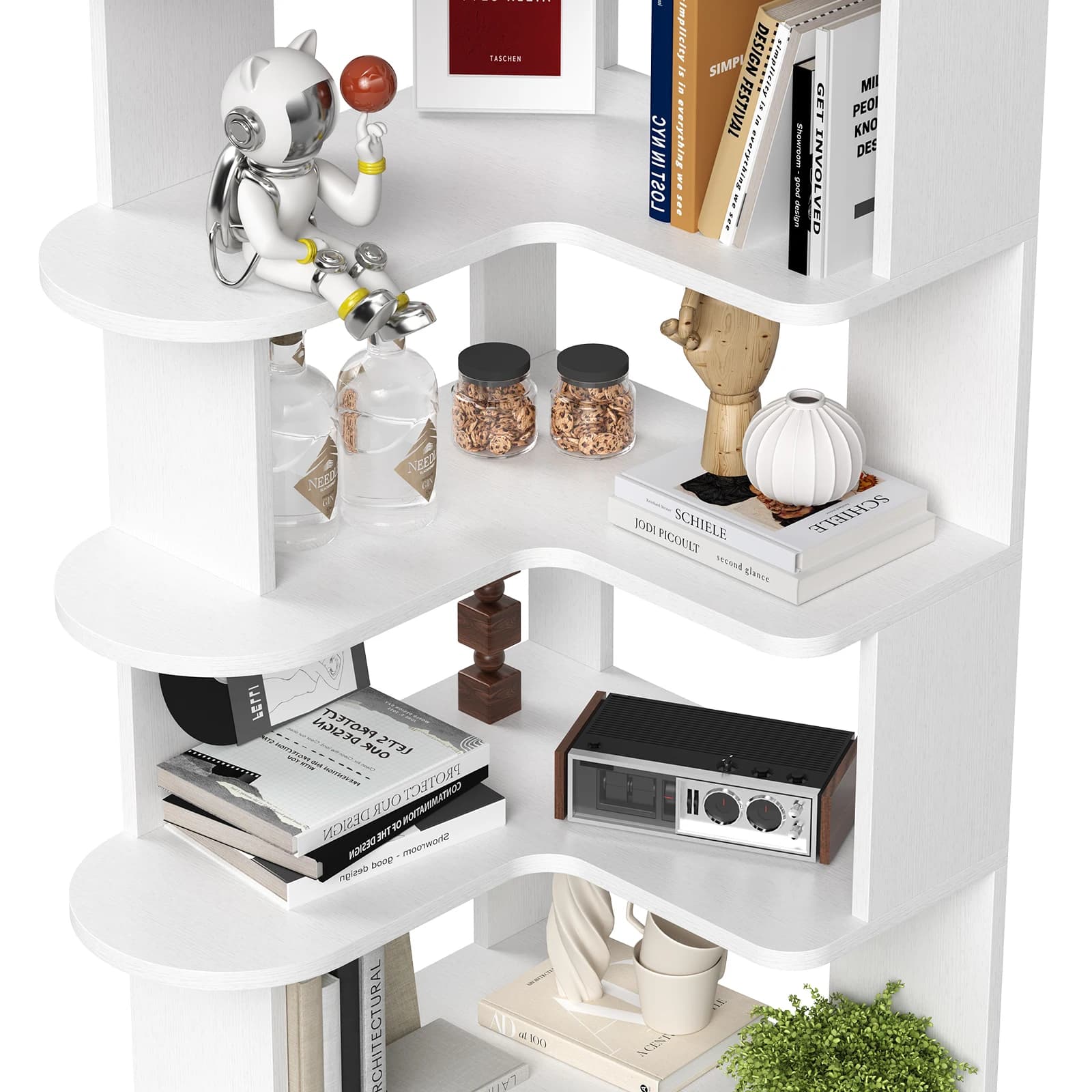 Bibliothèque d'angle Farini – Blanc, étagère de rangement peu encombrante pour le salon et le bureau