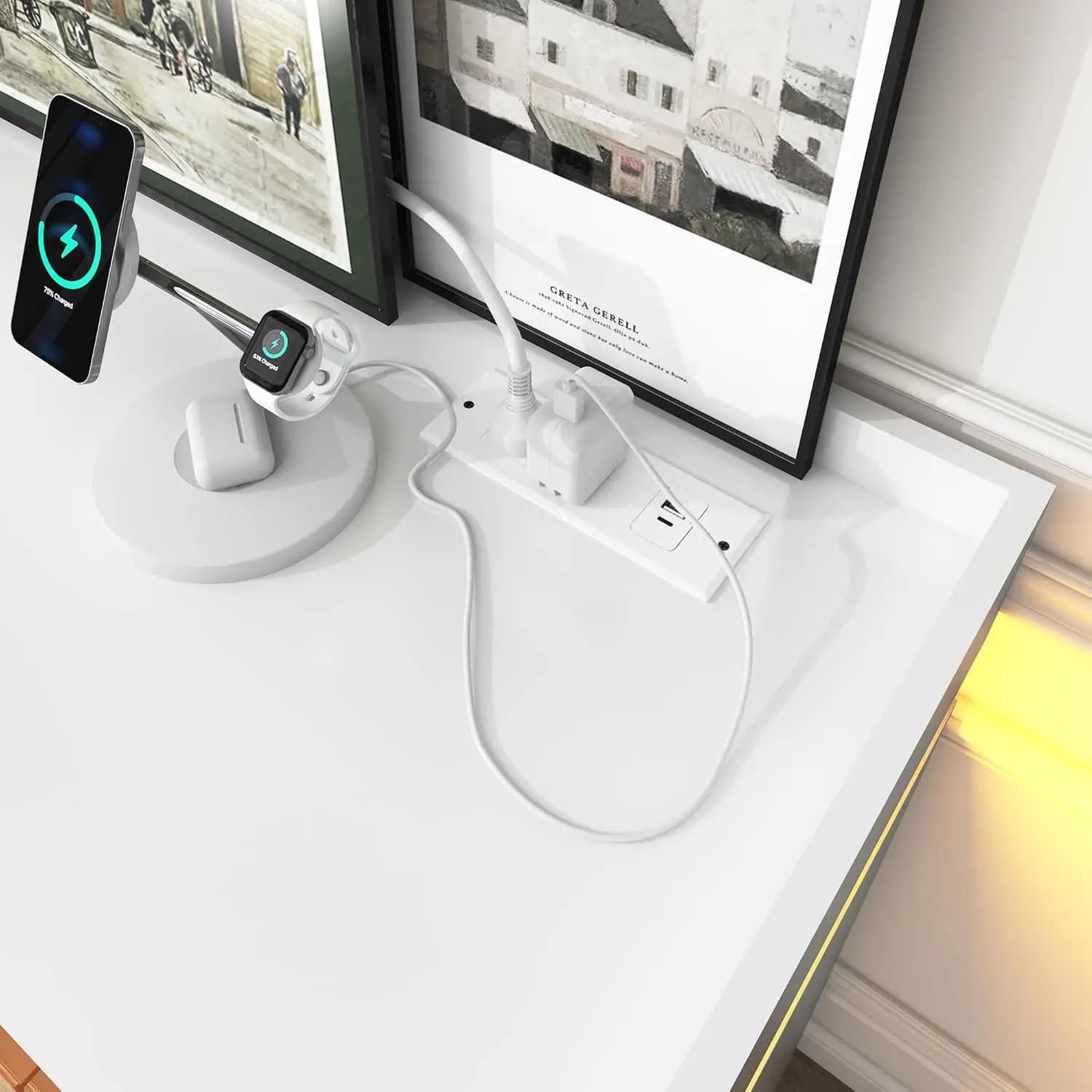 Commode à 6 tiroirs avec station de charge et lumières LED, commode moderne avec prise de courant, a