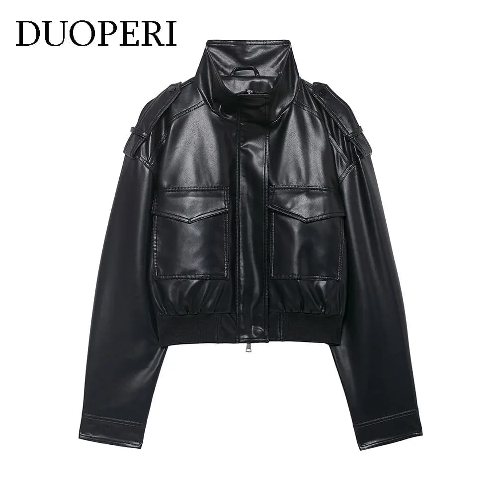 DUOPERI femmes mode avec poches PU noir vestes haute rue col haut manches longues manteaux femme élé