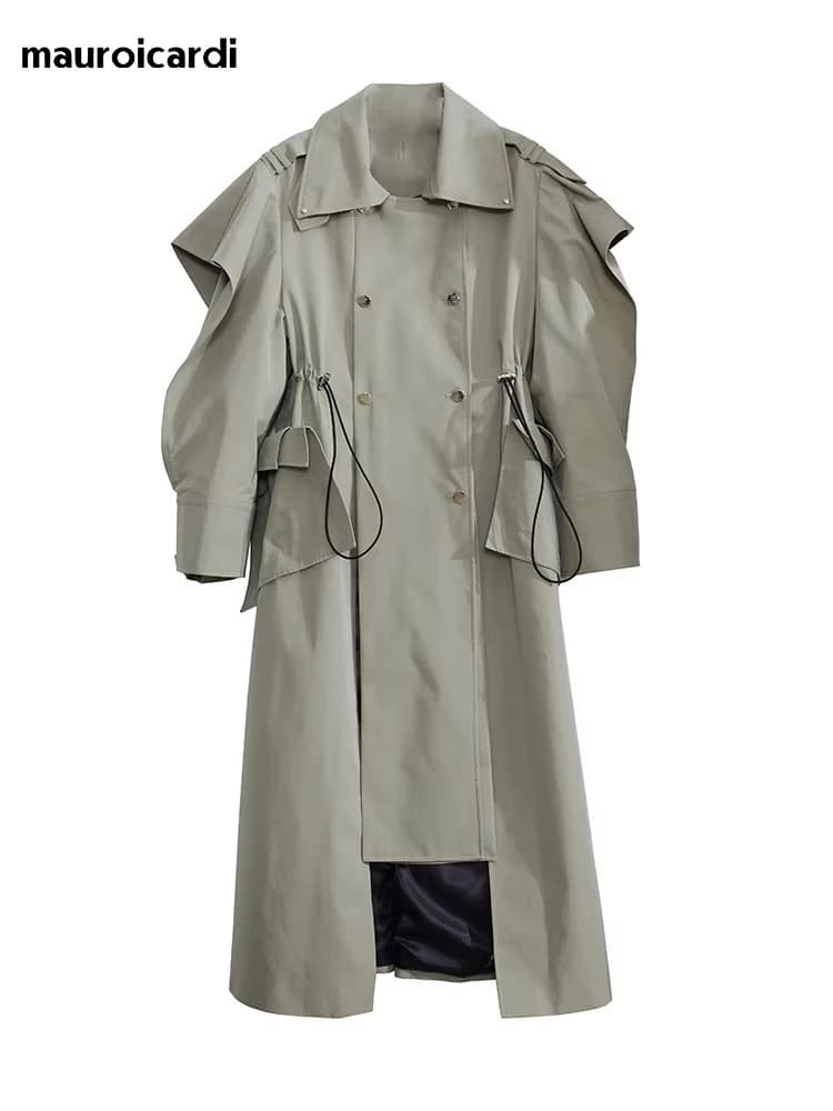 Mauroicardi-Manteau long à double boutonnage pour femme, pardessus élégant à volants, mode de piste,
