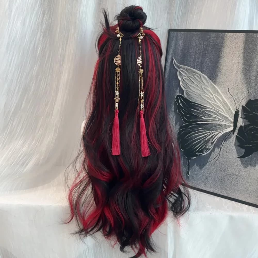 Perruque Synthétique Longue Ondulée Noire Ombrée Rouge pour Femme, Style Lolita Moelleux, Cosplay, P