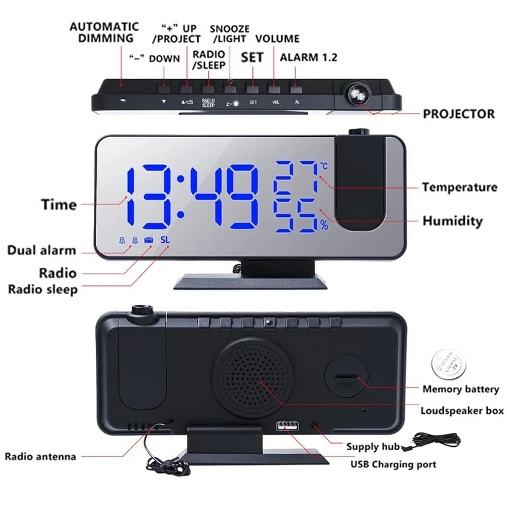 Réveils à Projection numérique LED, projecteur de plafond électronique USB, réveil avec Radio FM pou