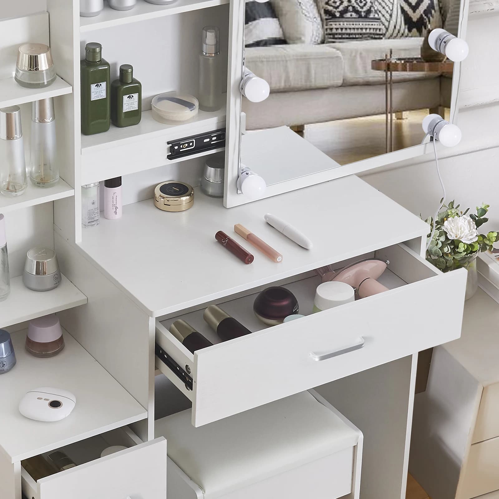 Table de coiffeuse LED avec miroir coulissant, bureau de maquillage blanc, tabouret à 4 tiroirs, coi