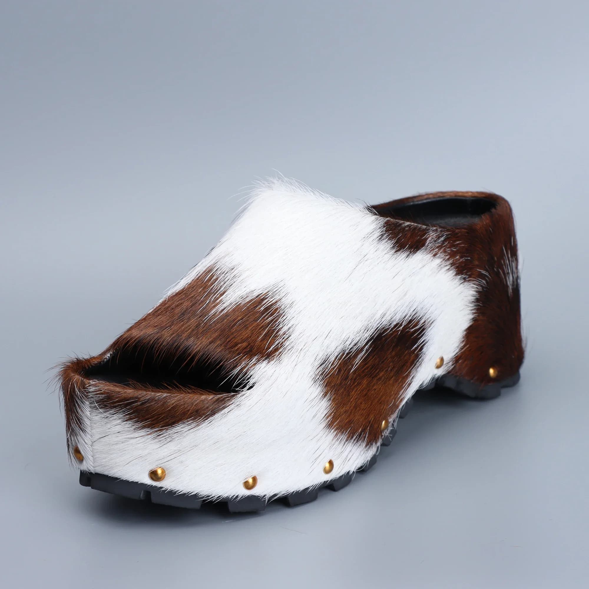 Mules à plateforme de luxe pour femmes, chaussures de styliste, en poils de veau véritable, doublées