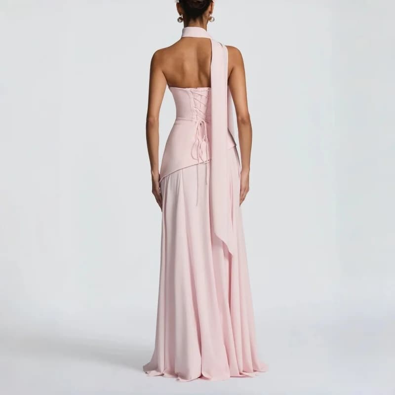 Robe de soirée rose poudré pour femme, col bénitier, dos froncé, à lacets, sans manches, élégante, p