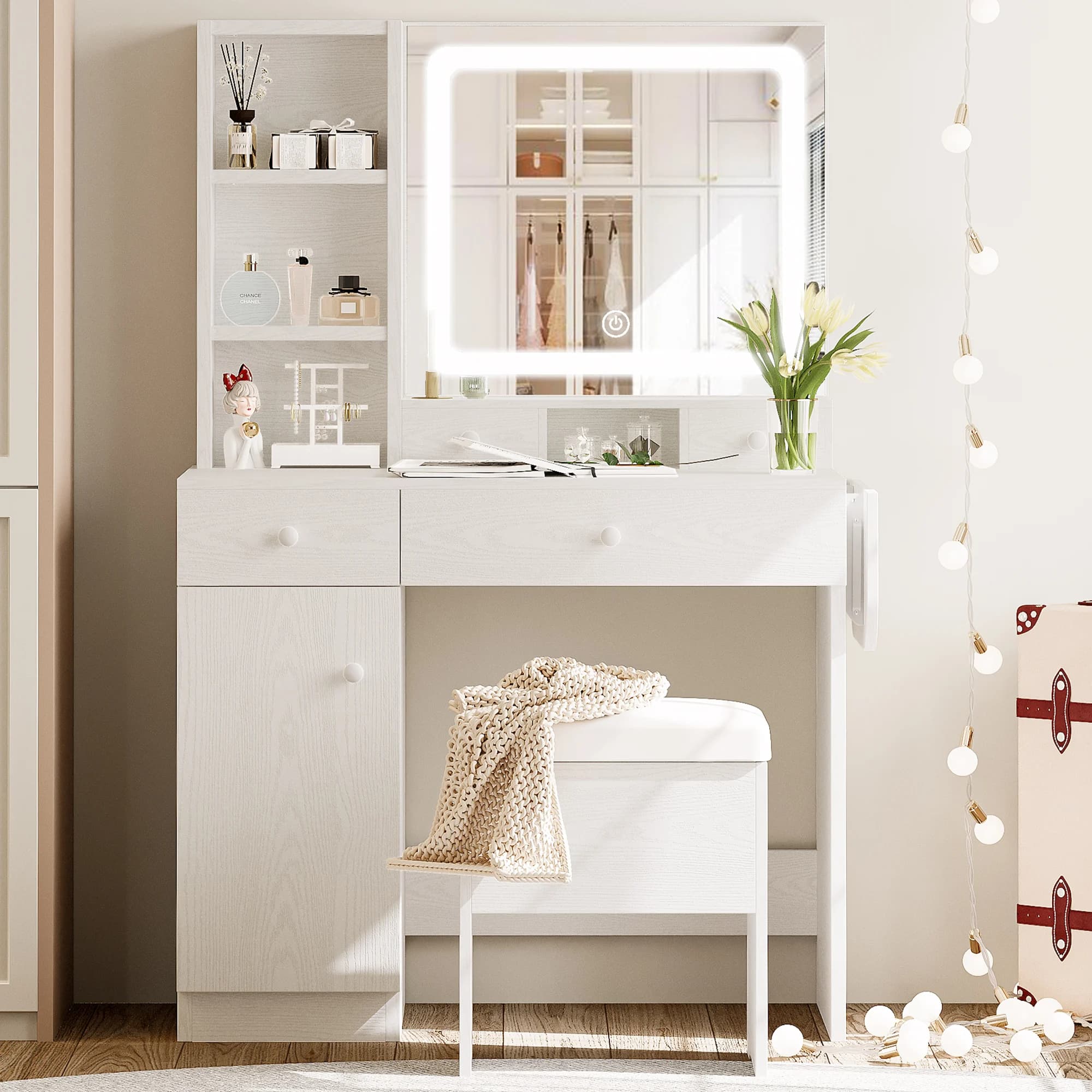 LIKIMIO-Bureau de courtoisie avec miroir 4.2 par LED, prise de courant et armoire, tabouret de range