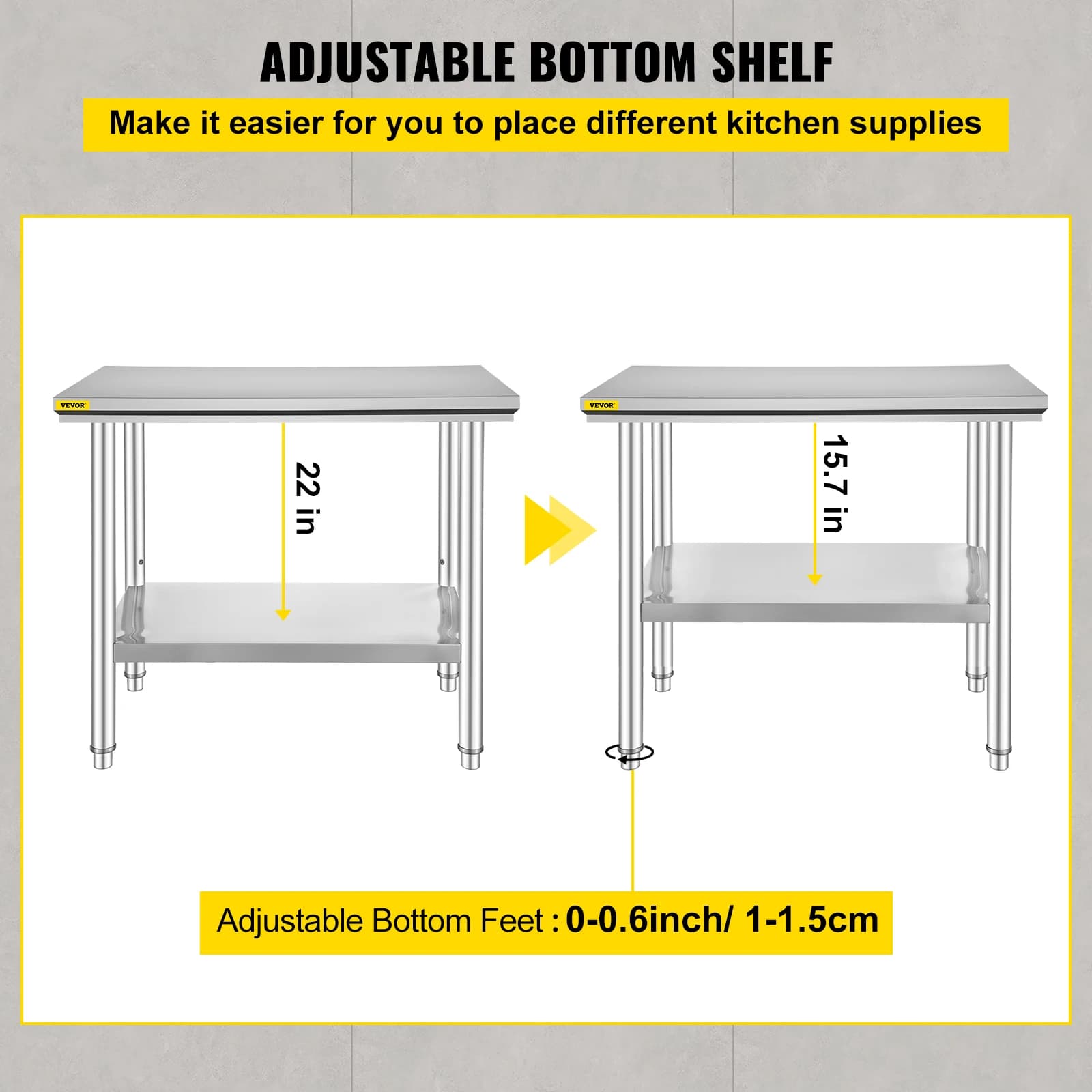 VEVOR Table de Travail Cuisine INOX, Plan de Travail Cuisine en 2 Etage, Table de Travail en Acier I