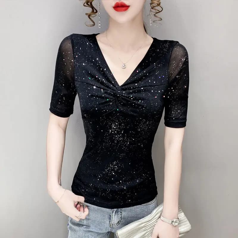 Femmes à manches courtes maille T-shirt été brillant fond haut décontracté brillant soie plissée che