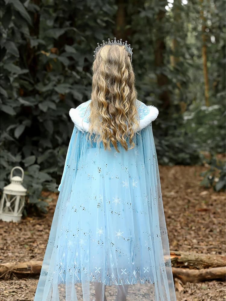 Robe de princesse Elsa la reine des neiges en velours pour filles, ensemble 2 pièces Cape bleue, rob