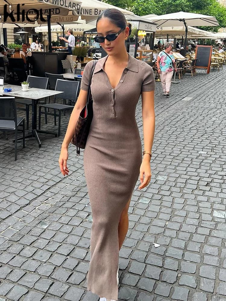 Kliou-Robe Maxi Élégante pour Femme de Bureau, Couleur Unie, Col Rabattu, Manches Courtes, lèvent, F