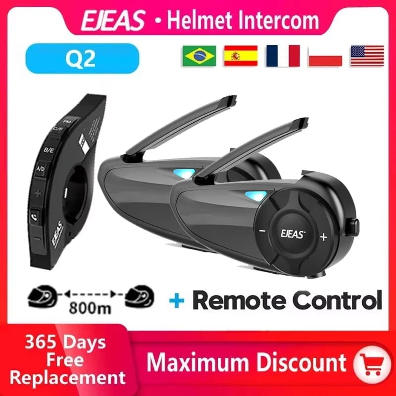 EJEAS Q2 Moto Casque Interphone Bluetooth 5.1 Casque Rapide Paire Étanche Jusqu'à 2 Coureurs Sans Fi